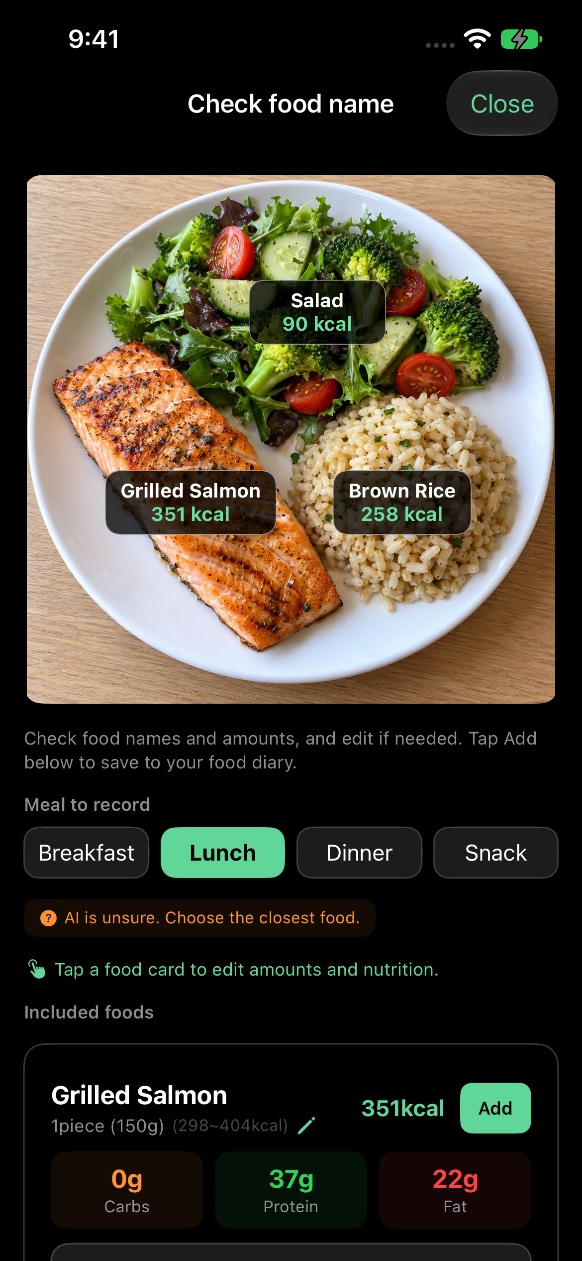 Synthetic demo: AI food analysis and nutrition information editing screen